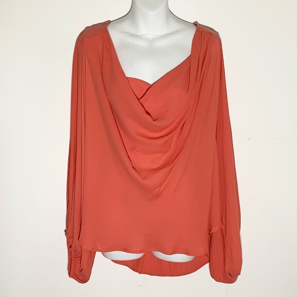 Free people slouchy cowl neck chiffon top in coral - Picture 3 of 9